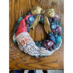 Vintage Santa Claus Wreath With Gold Bow & Festive Ornaments 14" Hand-Painted Re